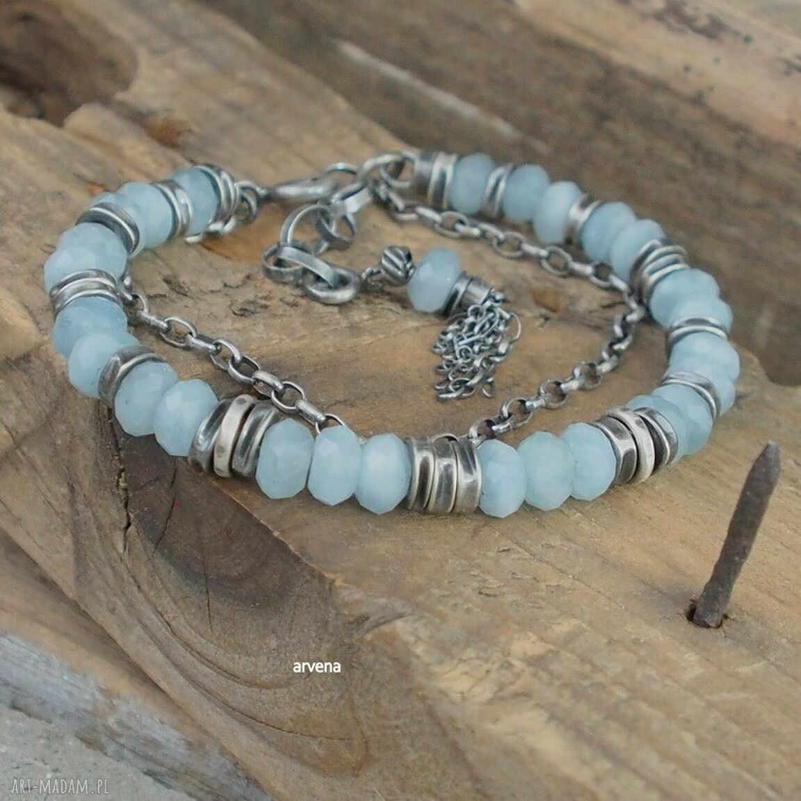 Akwamaryn - bransoletka 012 Arvena ze srebra 925 oksydowanego (charms, regulacja)