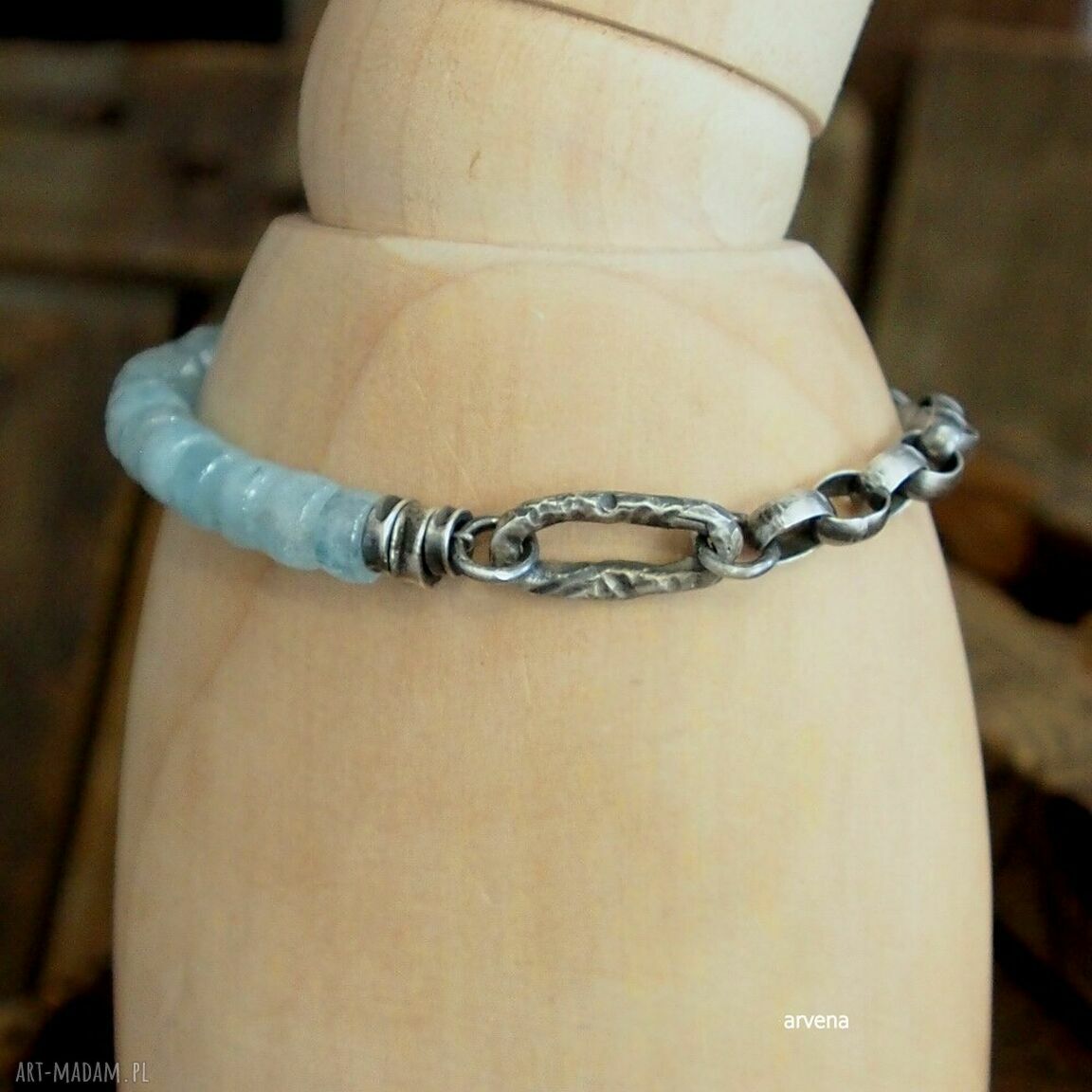 Akwamaryn - bransoletka z oksydowanego srebra 925 (charms)