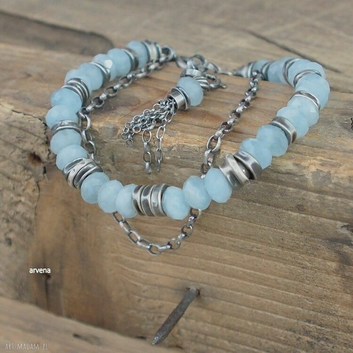 Akwamaryn - bransoletka 012 Arvena ze srebra 925 oksydowanego (charms, regulacja)