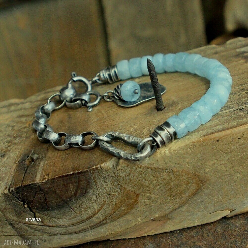 Akwamaryn - bransoletka z oksydowanego srebra 925 (charms)