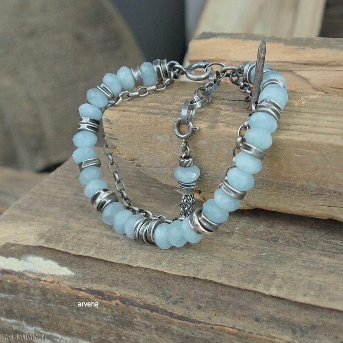 Akwamaryn - bransoletka 012 Arvena ze srebra 925 oksydowanego (charms, regulacja)