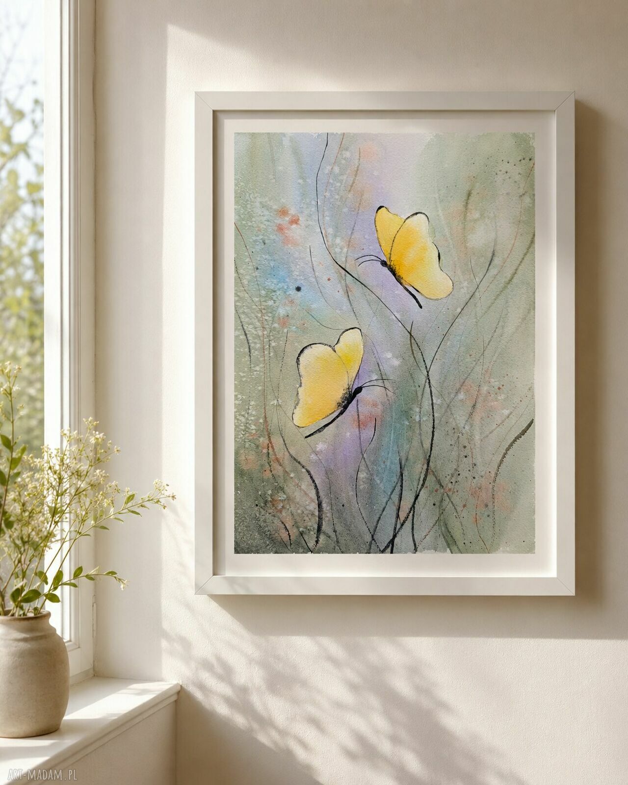 Delikatna łąka z motylami - akwarela 23x23 Małgorzaty Domańskiej