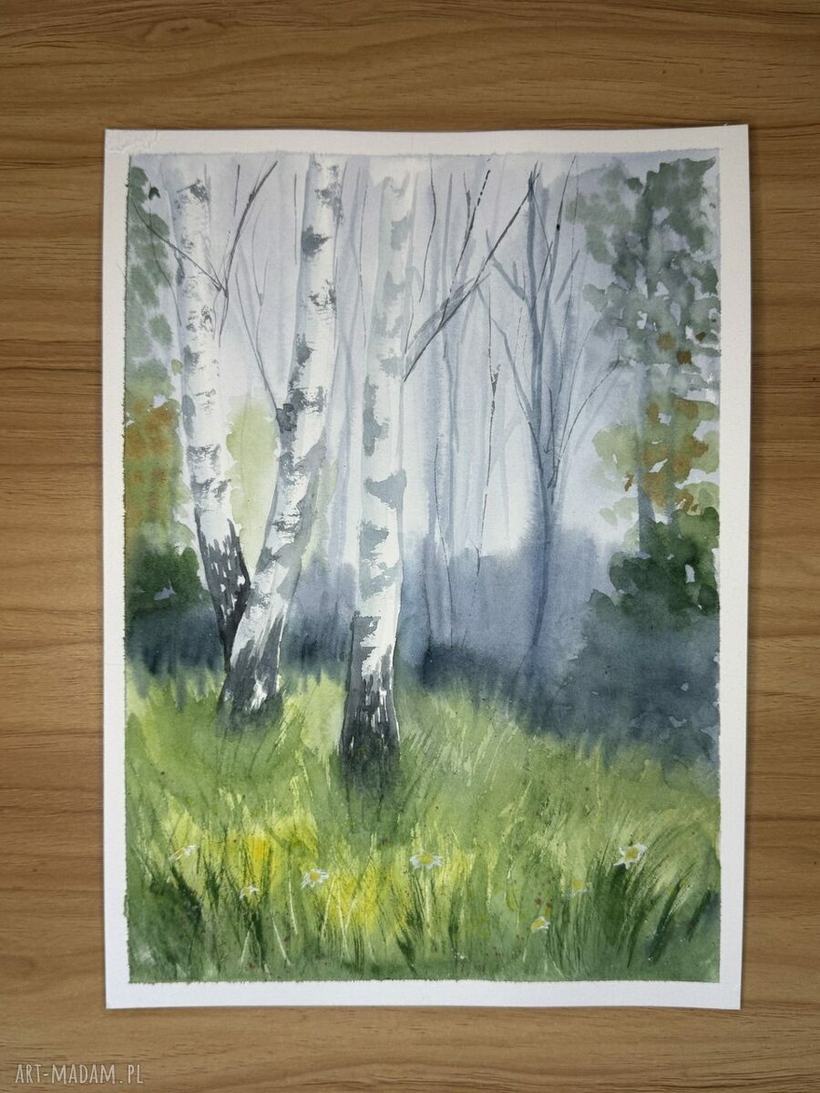 Akwarela A4 Brzozowy Lasek - pejzaż drzew (A4 19,5 x 27 cm)