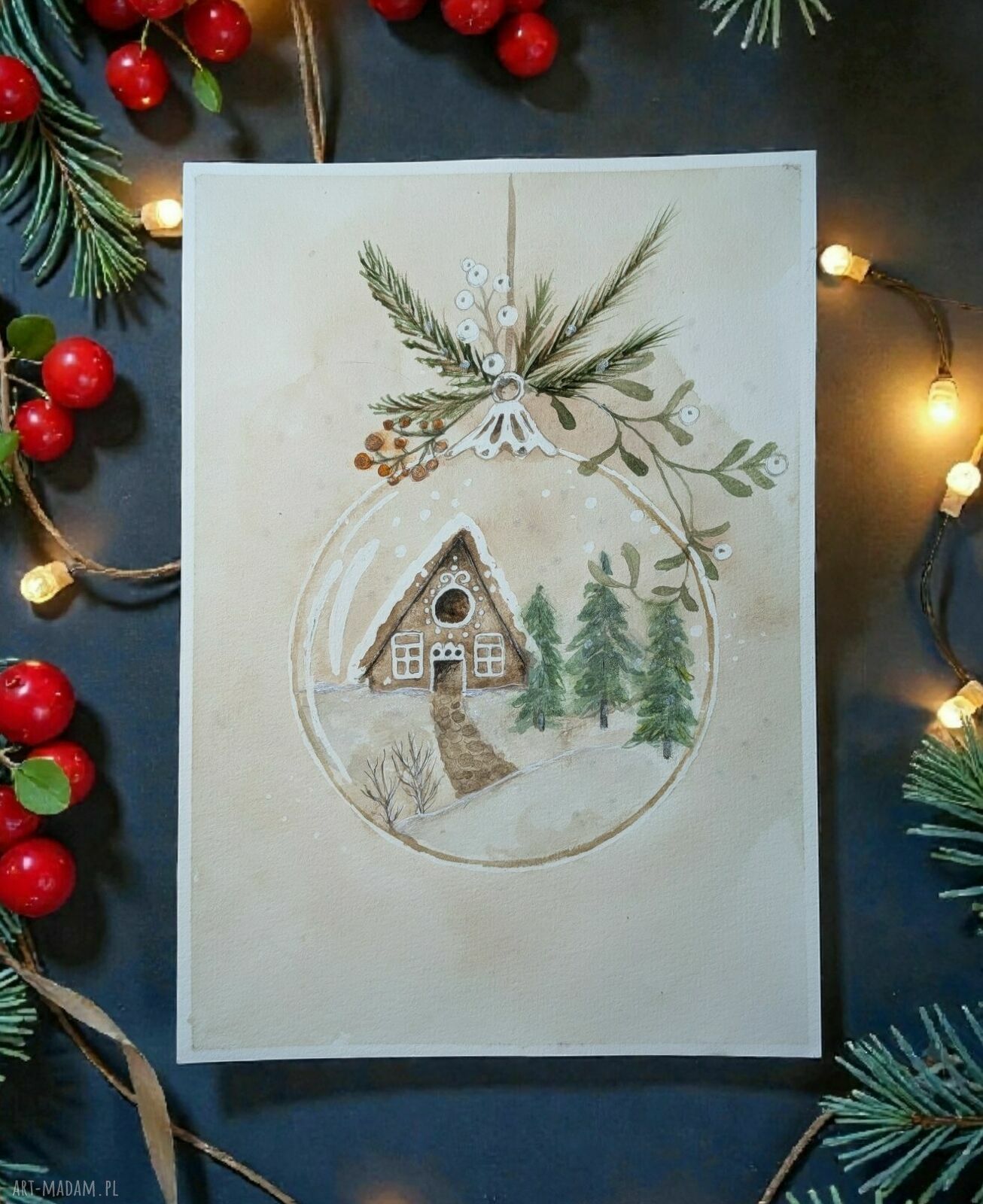 Akwarela A5. Zima - oryginalna dekoracja świąteczna handmade