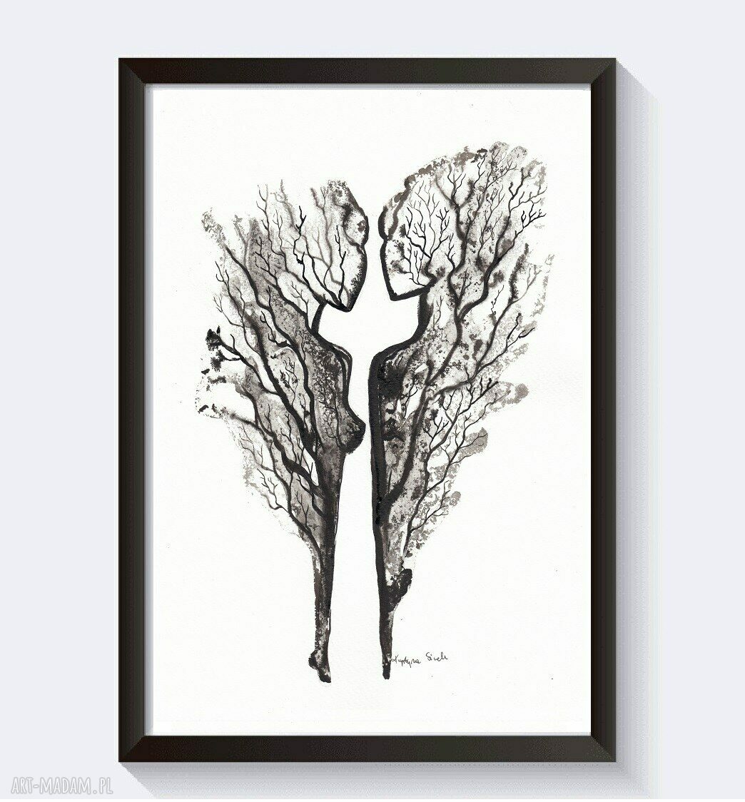 Plakat tuszem "Body Flowers" - abstrakcja z kwiatami na ciele