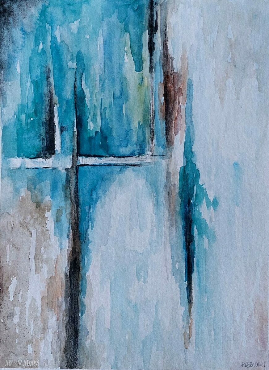 Abstrakcyjna akwarela 24x32 cm - turkus, zieleń i brąz (Paulina Lebida)