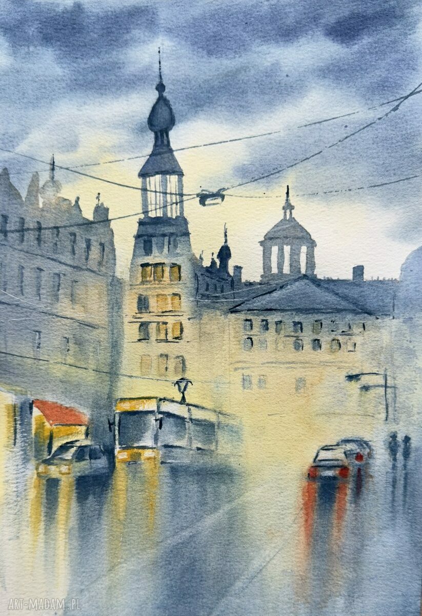 Akwarela - Amsterdam w deszczu (A4) - ręcznie malowana grafika Yunony Kucherevskiej