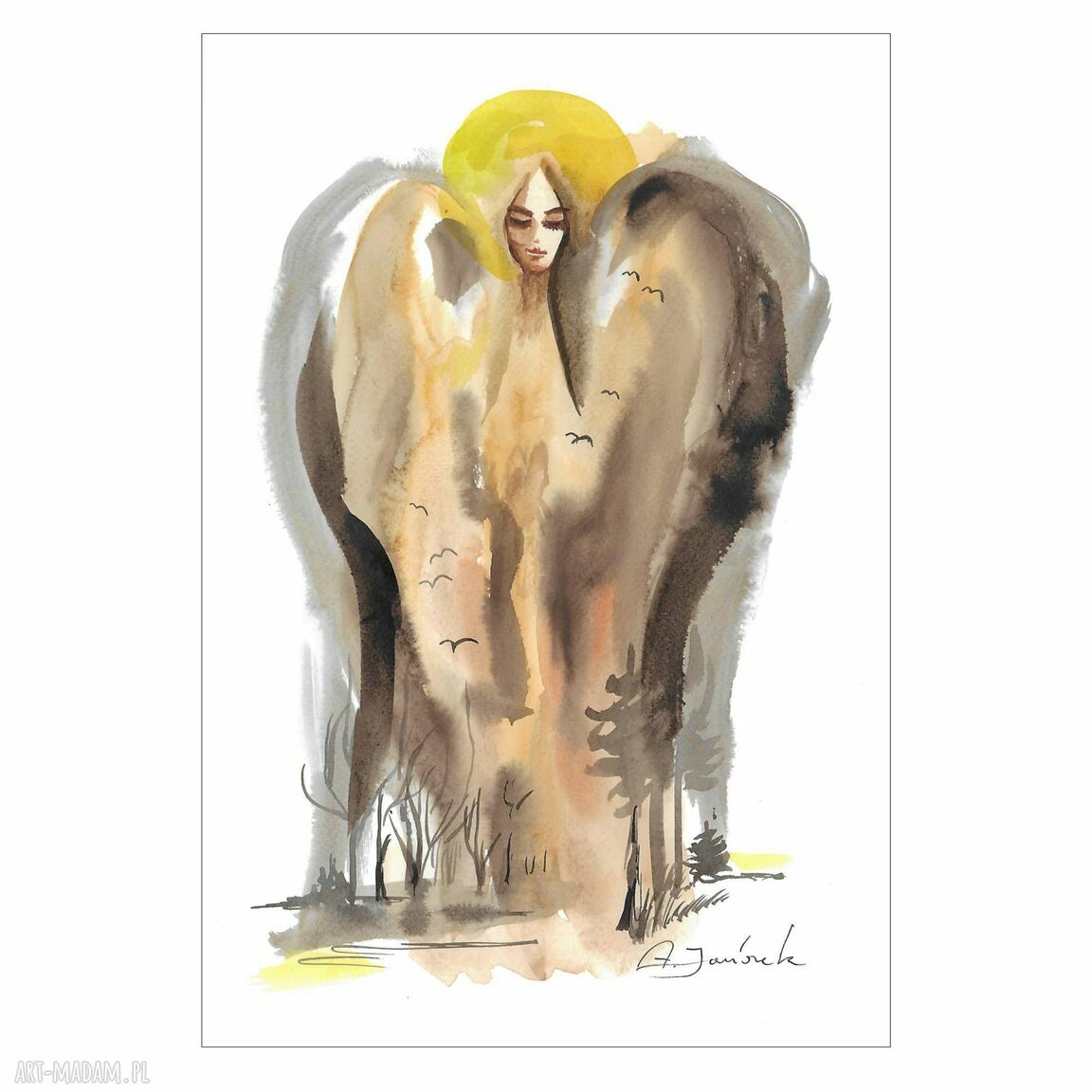 Akwarela 'Anioł w pejzażu' - ręcznie malowany anioł na papierze 34x23 cm