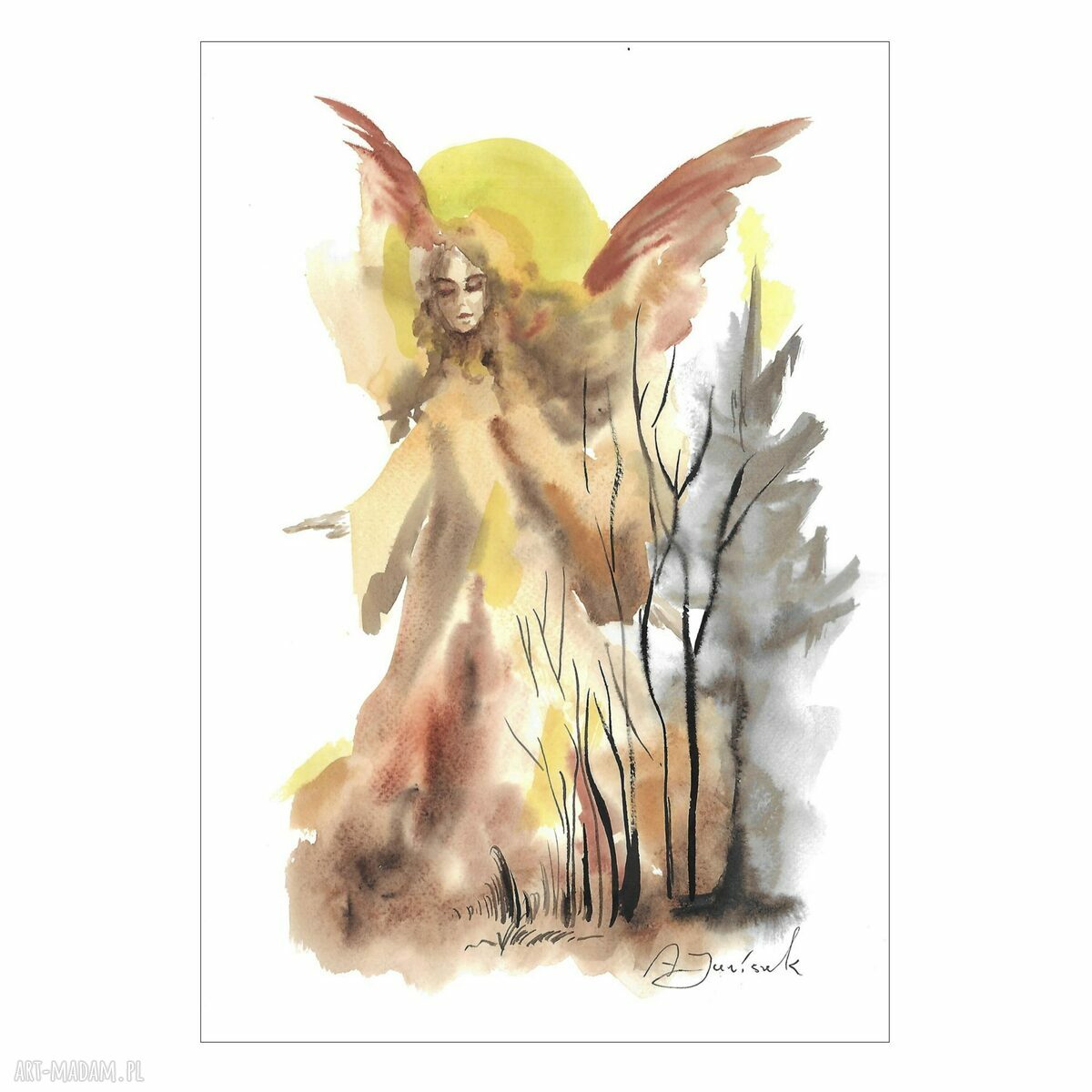 Akwarela „Anioł w pejzażu” - ręcznie malowana, 34 x 23 cm