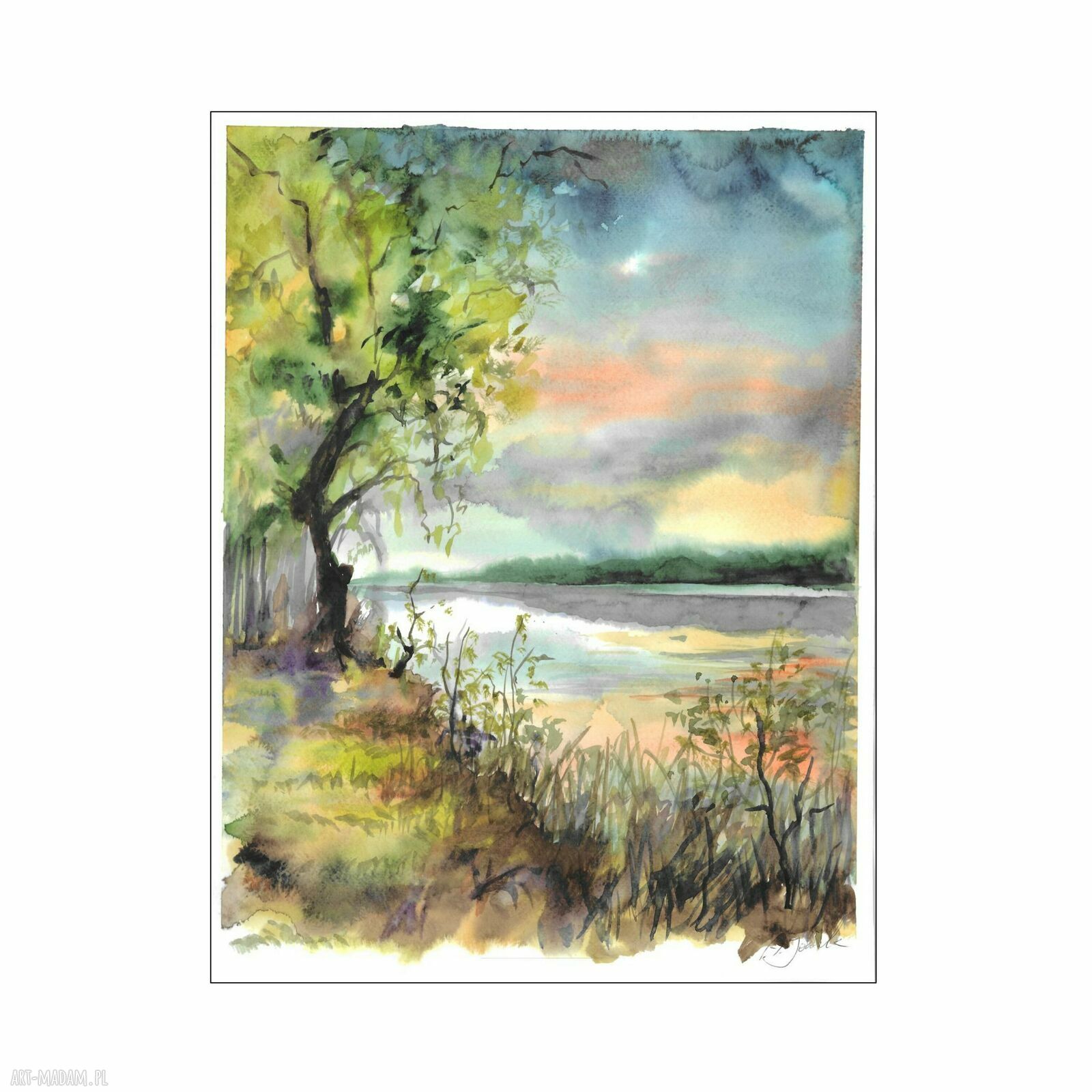 Akwarela „Cisza” - pejzaż jeziora, malowana ręcznie 30 x 40 cm