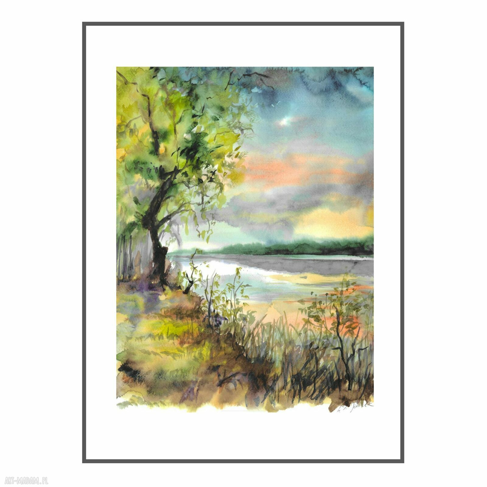 Akwarela „Cisza” - pejzaż jeziora, malowana ręcznie 30 x 40 cm
