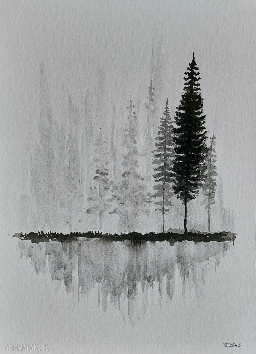 Akwarela „Drzewa” - obraz 24x32 cm z czarnym tuszem