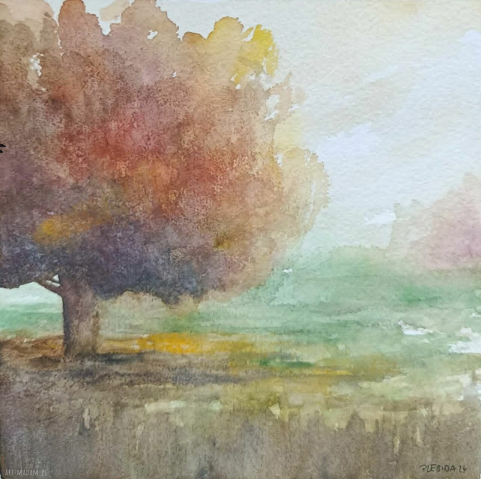 Ręcznie malowana akwarela „Drzewo” 20x20 cm - sygnowana i bez ramy