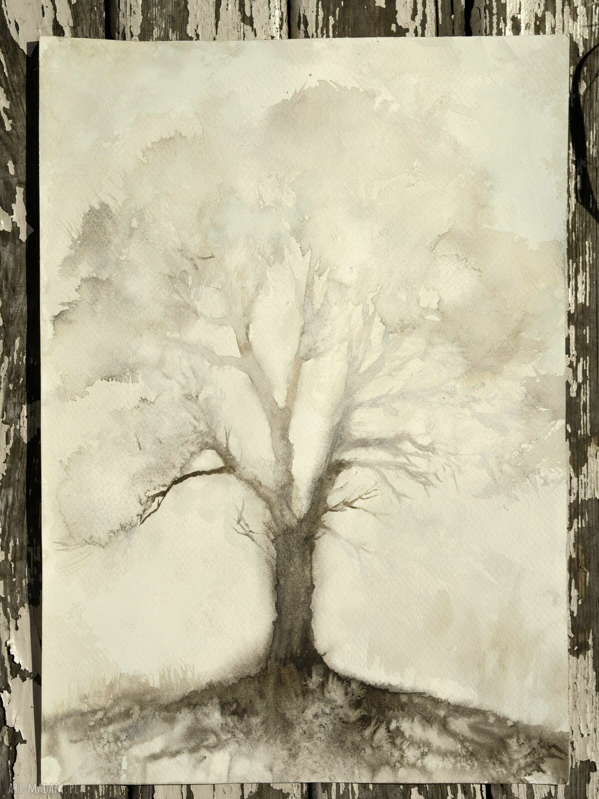 Akwarela „Drzewo Życia” - ręcznie malowany obraz dla nauczyciela, passe-partout 40 x 50 cm