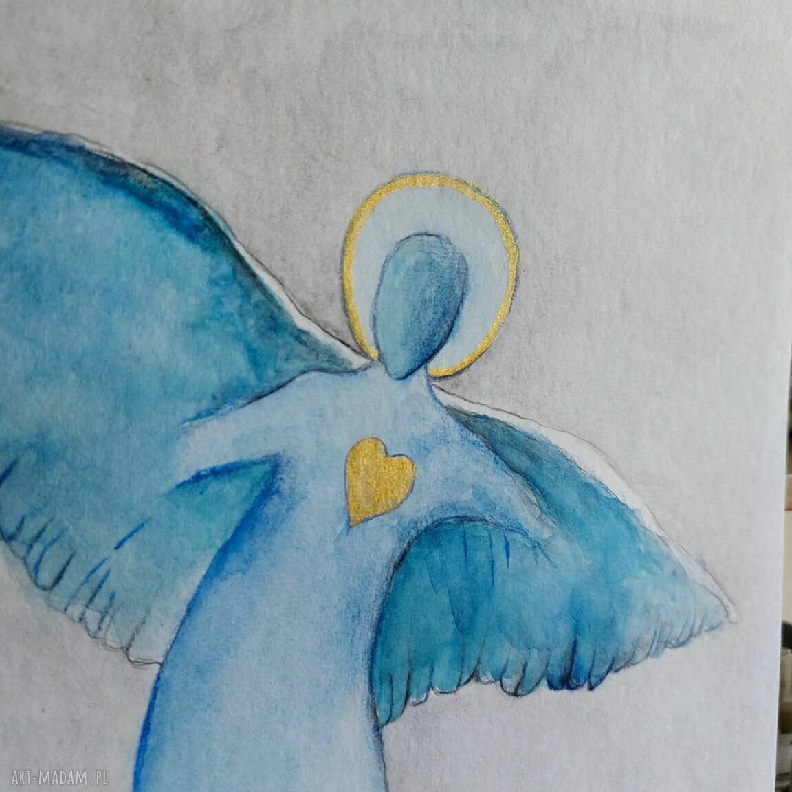 Anioł ze złotym sercem - oryginalna akwarela Pauliny Lebidy (24/32 cm)