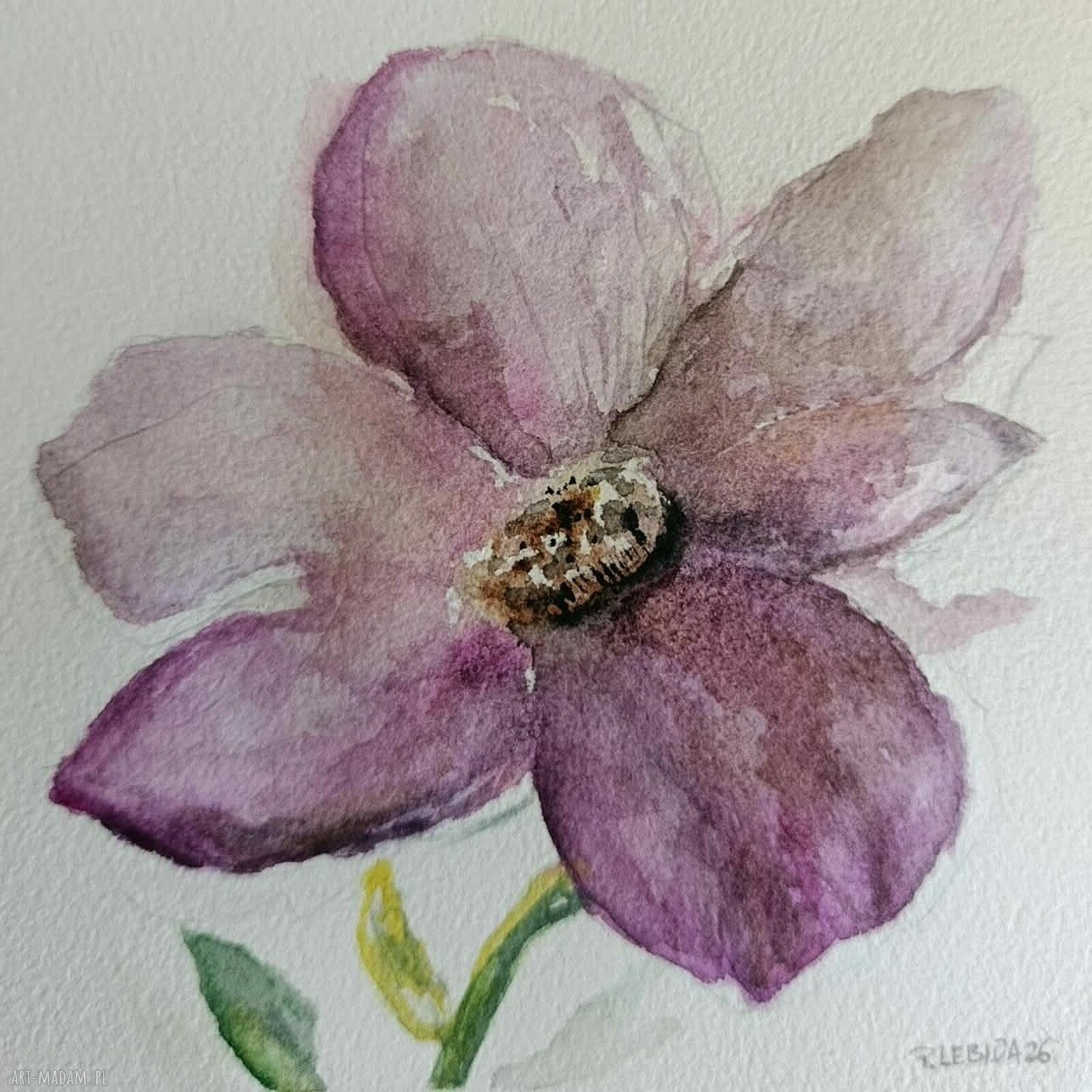 Fioletowy kwiat - oryginalna akwarela 15 x 15 cm