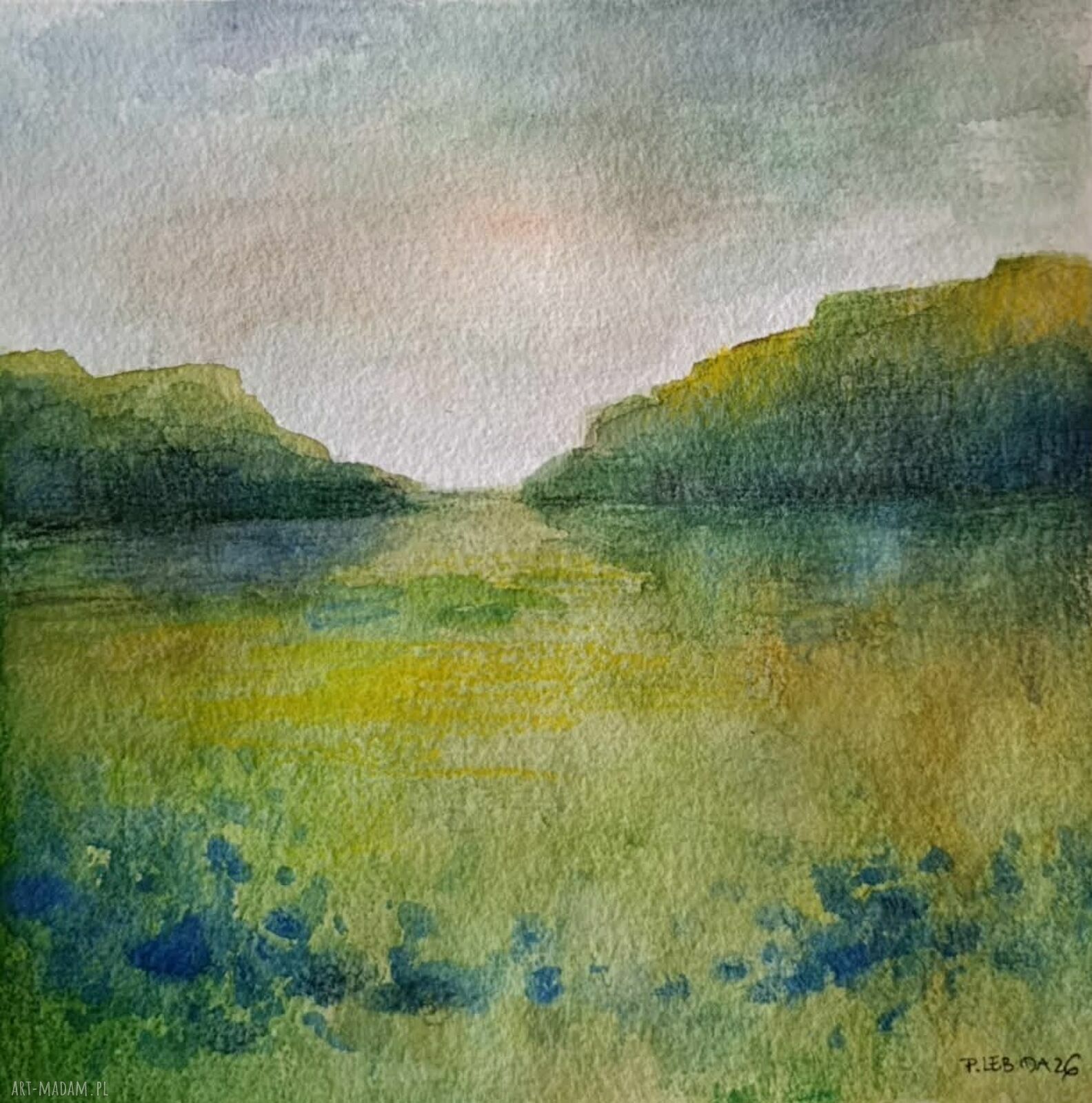 Oryginalna akwarela „Łąka” 20x20 cm - pejzaż bez ramy