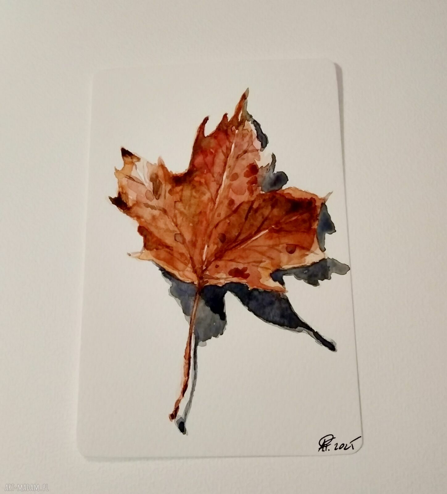 Liść. Akwarela - jesienna ilustracja ręcznie malowana 10x15 cm