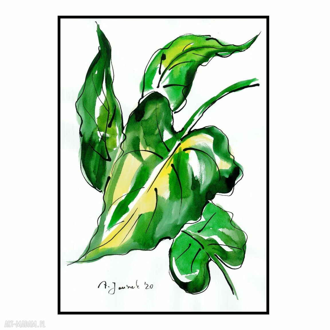 Akwarela Liście Kalii - ręcznie malowana 2 x 30 x 42 cm