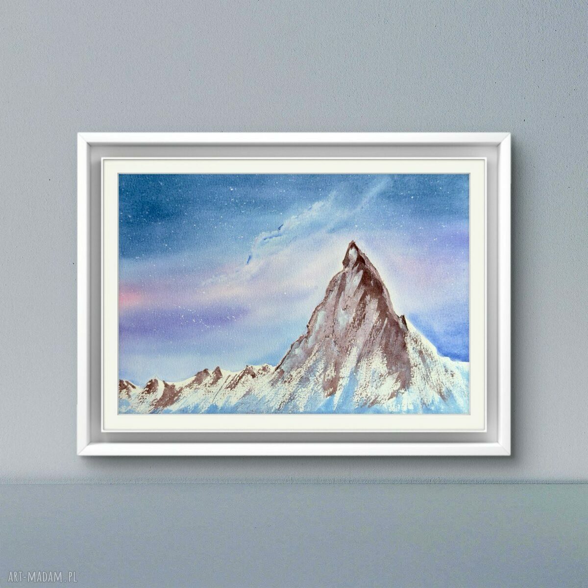 Akwarela Matterhorn - górski pejzaż w fioletowo-niebieskiej tonacji