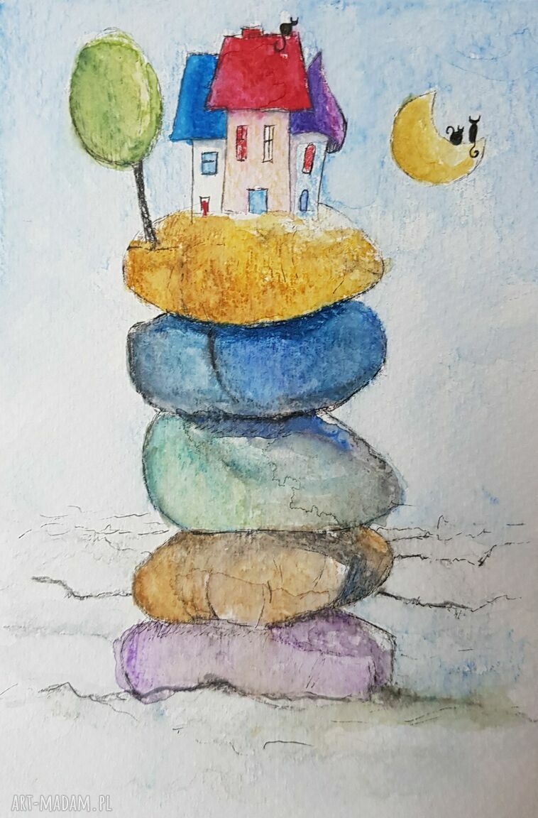 Miasteczko z kotami - obraz akwarelowy 12,5 x 18 cm
