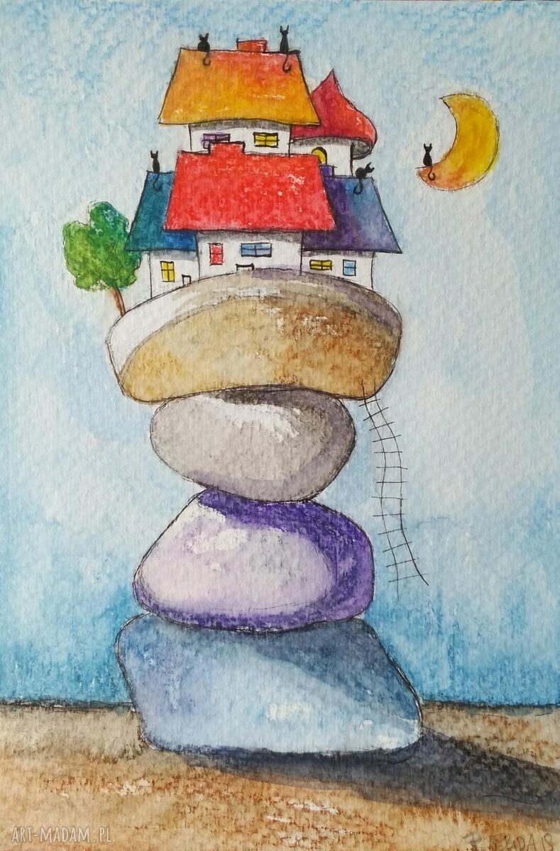 Miasteczko - akwarela 12,5 x 18 cm ręcznie malowana