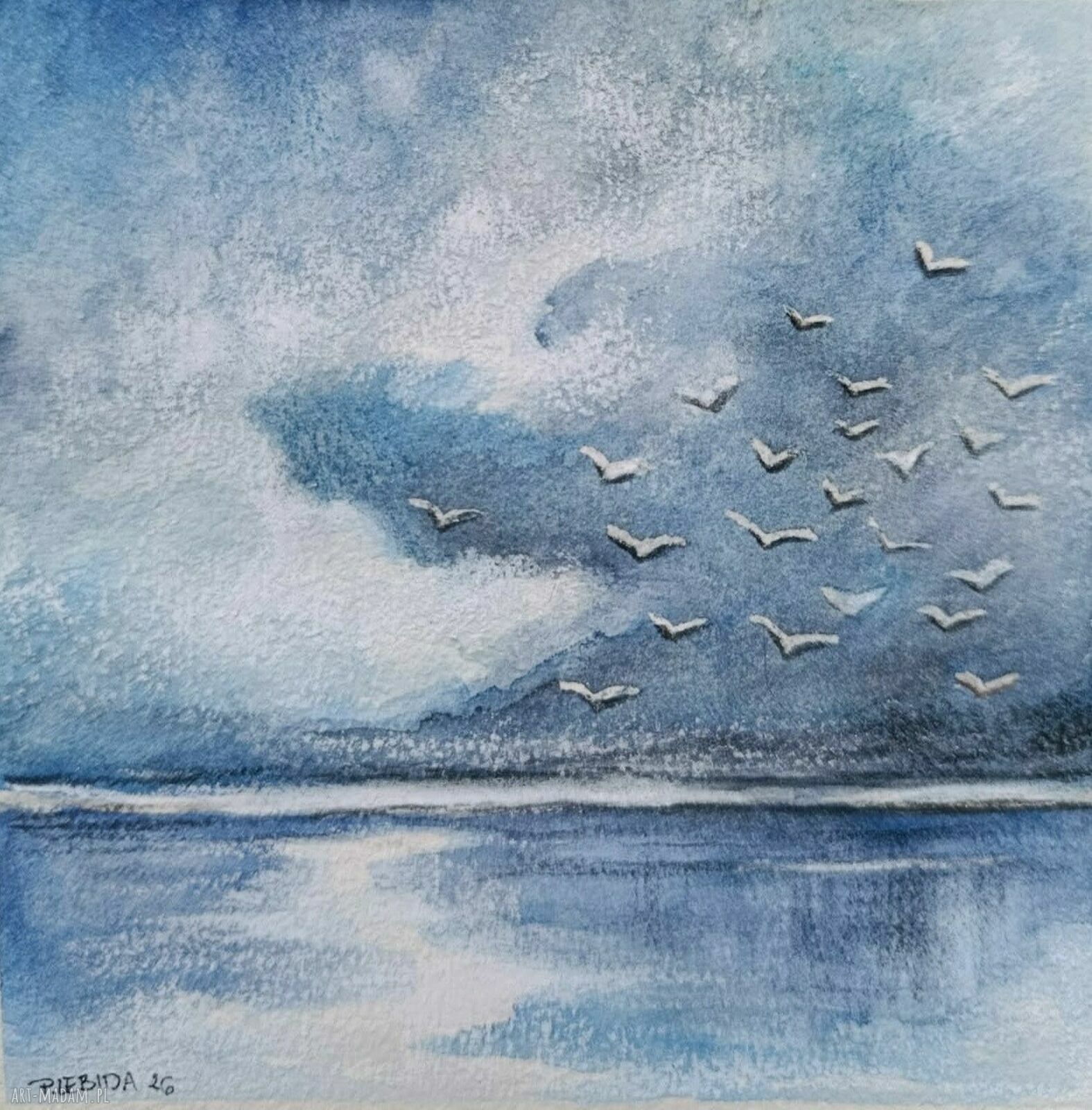 Akwarela „Morze” 15 x 15 cm - oryginalny obraz z ptakami