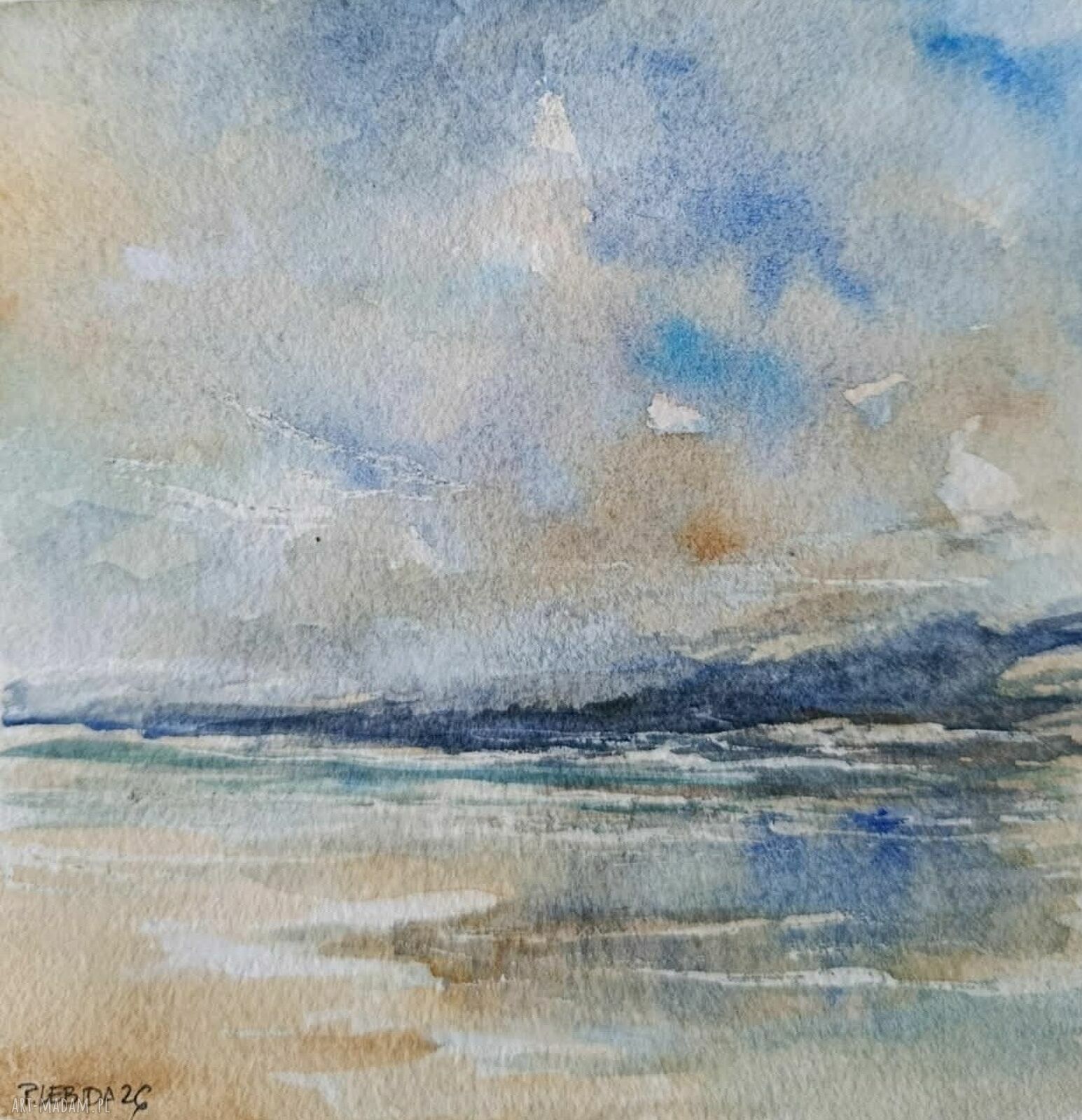 Morze - akwarela 15x15 cm (kwadrat) Paulina Lebida, sygnowana