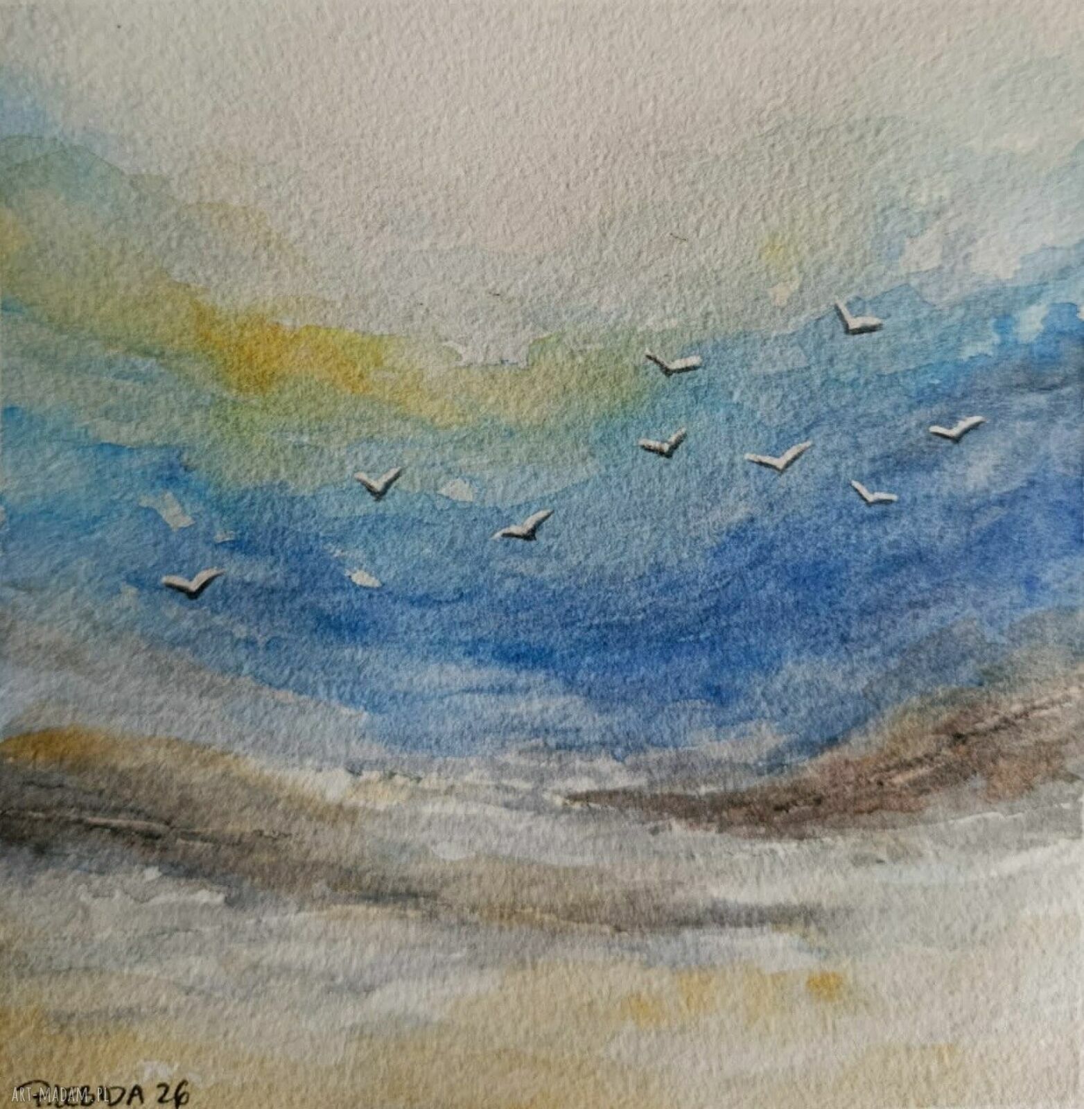 Morze - akwarela 15x15 cm z ptakami (oryginał Paulina Lebida)