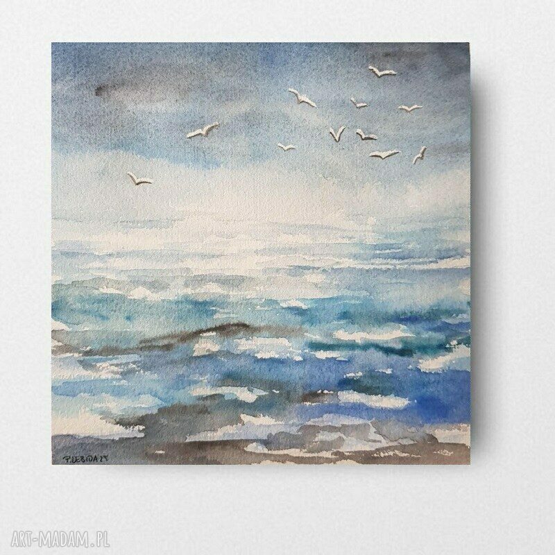 Oryginalna akwarela "Morze" z ptakami 20x20 cm