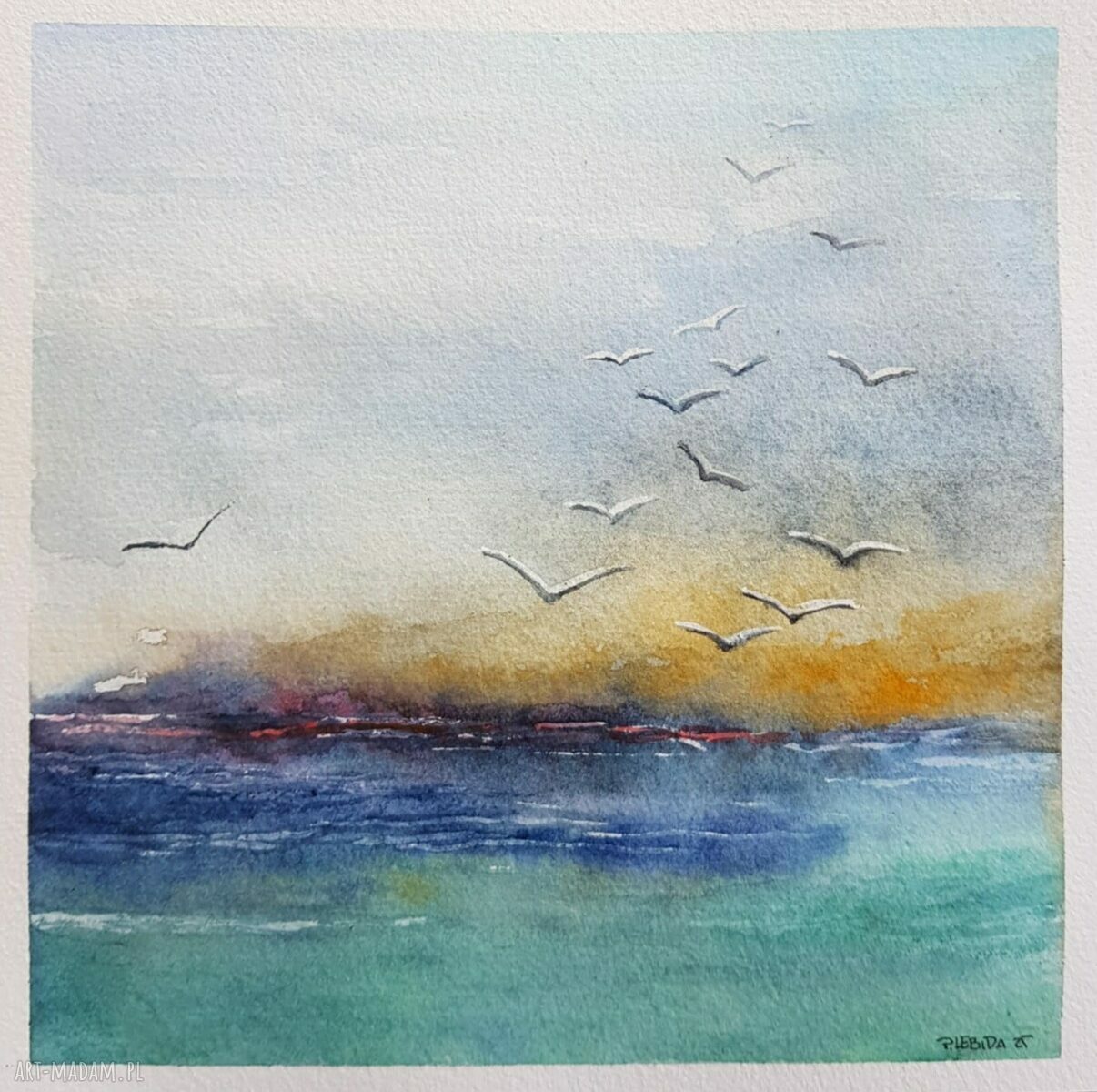 Akwarela Morze 20x20 cm - ręcznie malowana, sygnowana (bez oprawy)