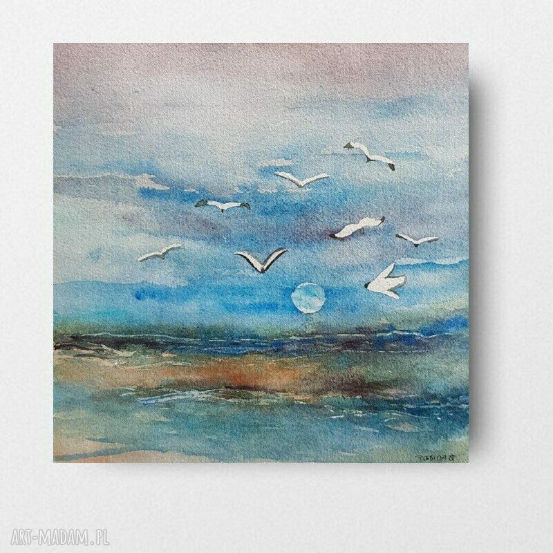 Oryginalna akwarela Morze 20x20 cm - sygnowany obraz Pauliny Lebidy