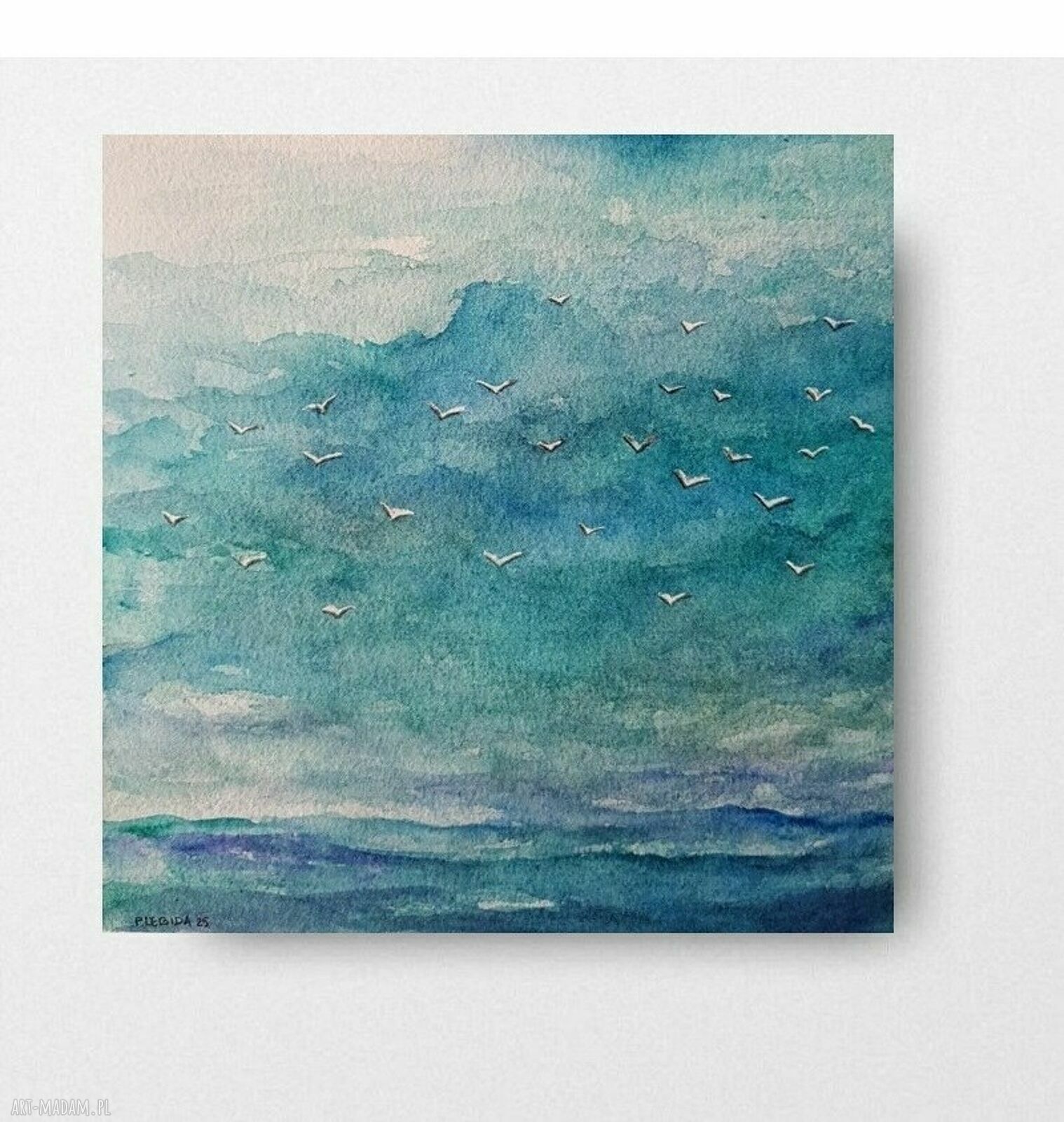 Morze - akwarela z mewami 20x20 cm (bez oprawy) - Paulina Lebida