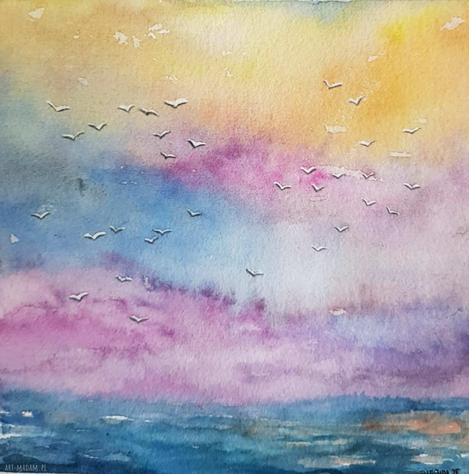 Akwarela „Morze” 20x20 cm - oryginalny obraz ręcznie malowany