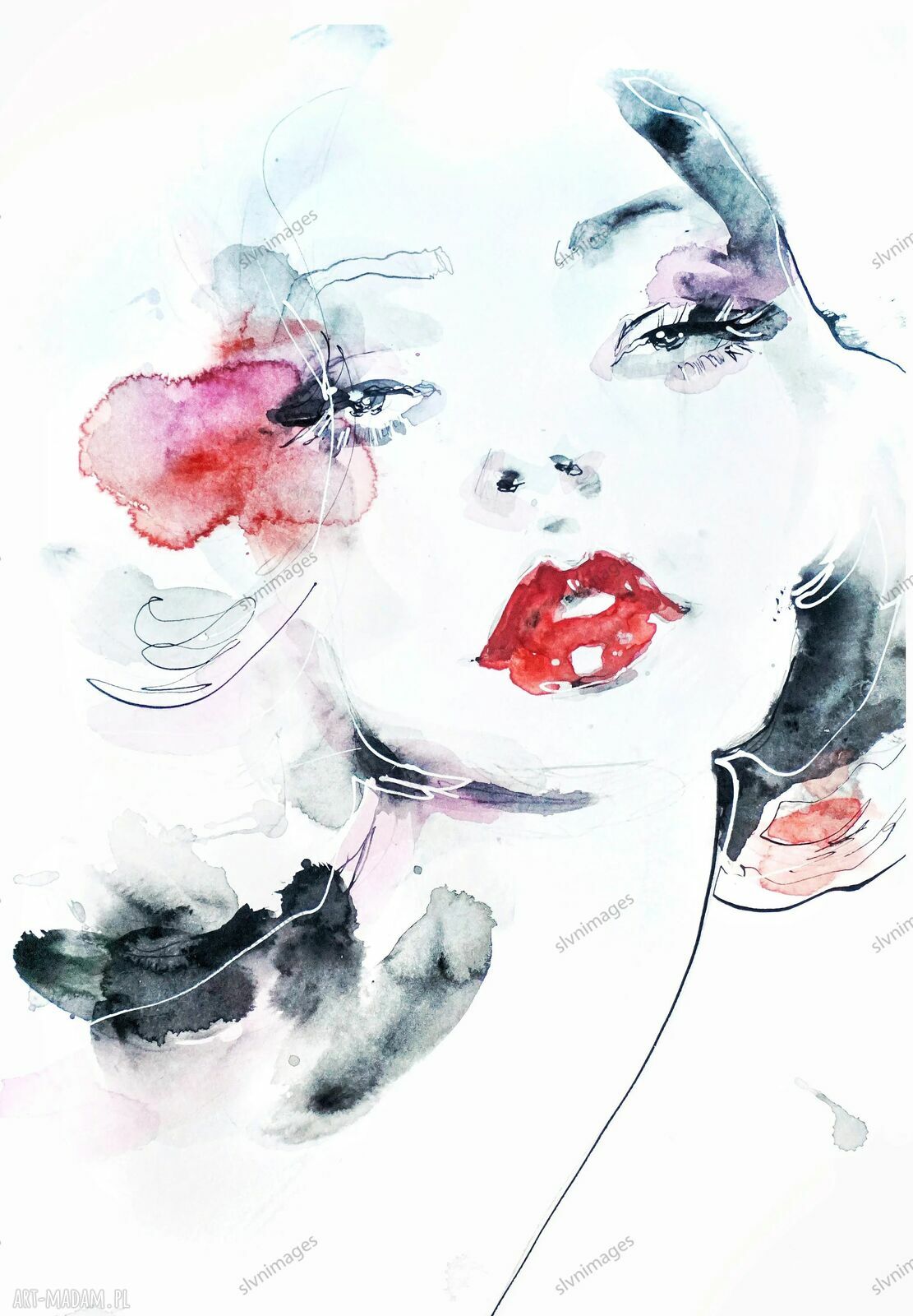 Akwarela na papierze Red Lips - ilustracja modowa z portretem kobiety