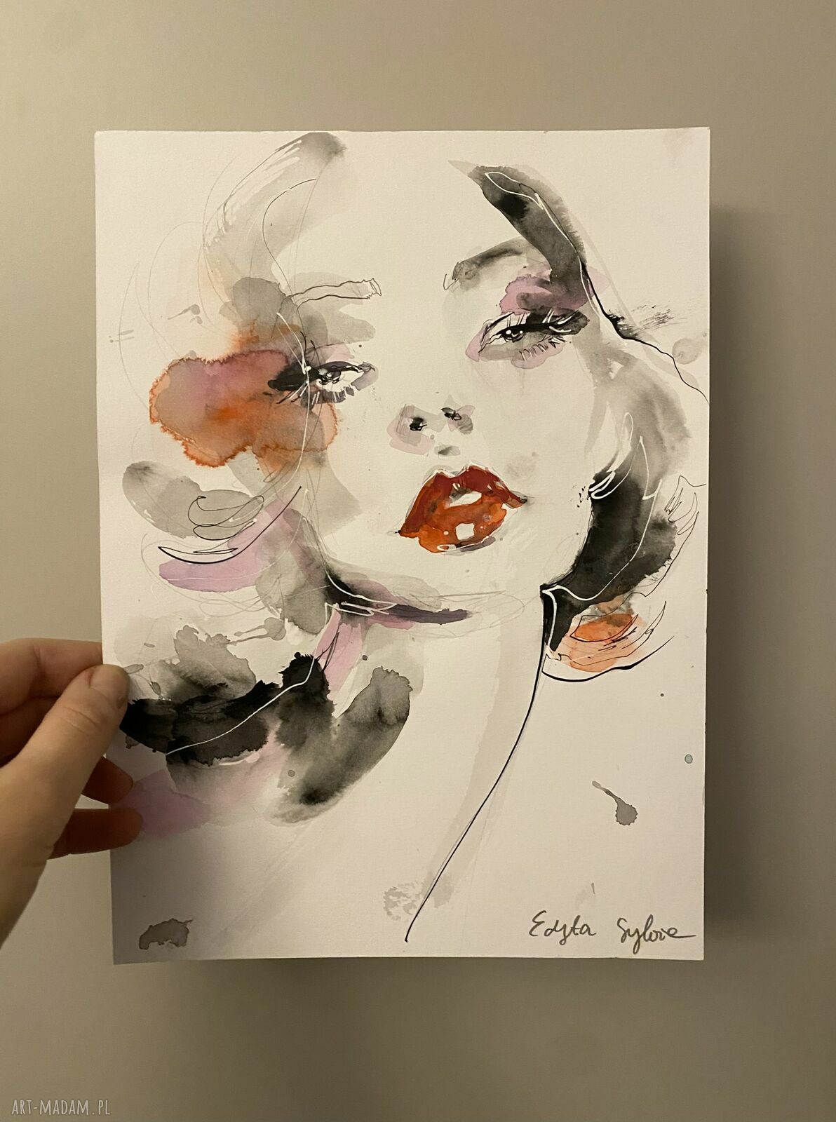 Akwarela na papierze Red Lips - ilustracja modowa z portretem kobiety
