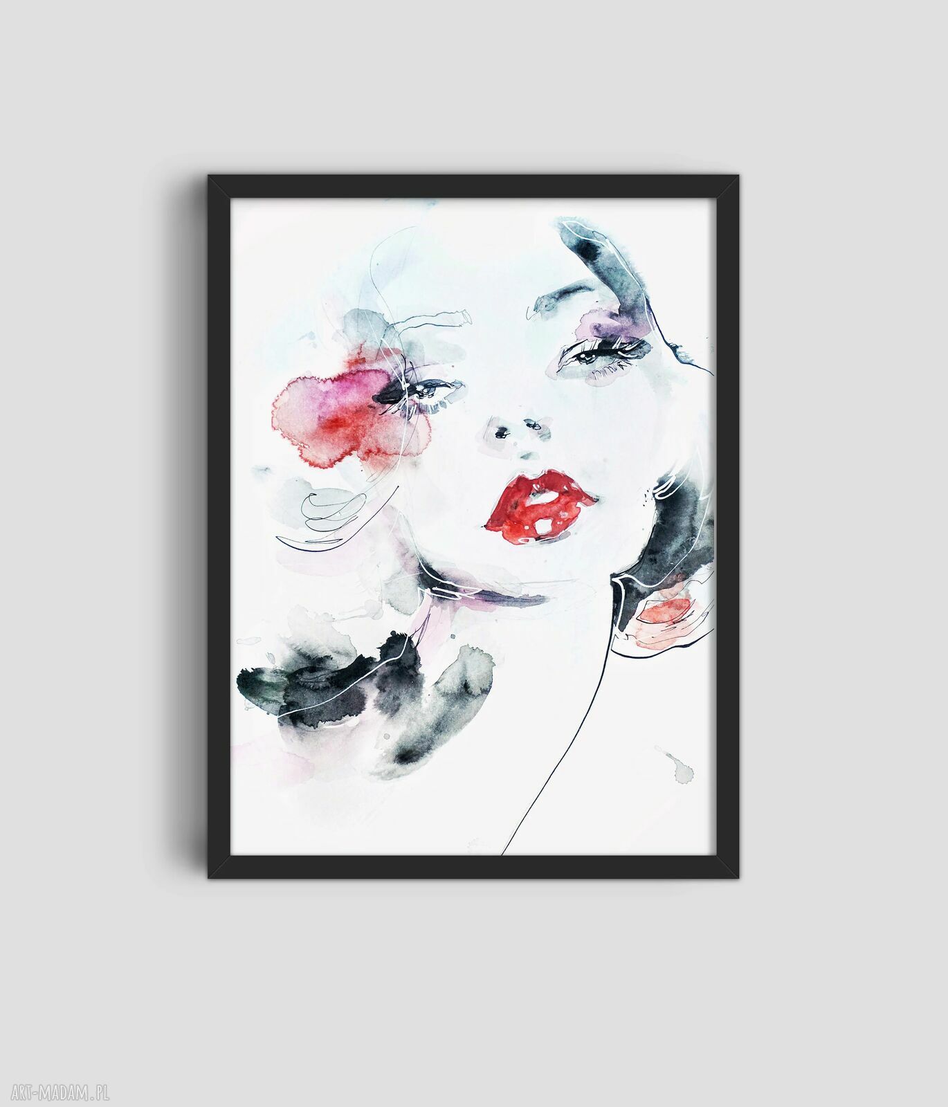 Akwarela na papierze Red Lips - ilustracja modowa z portretem kobiety