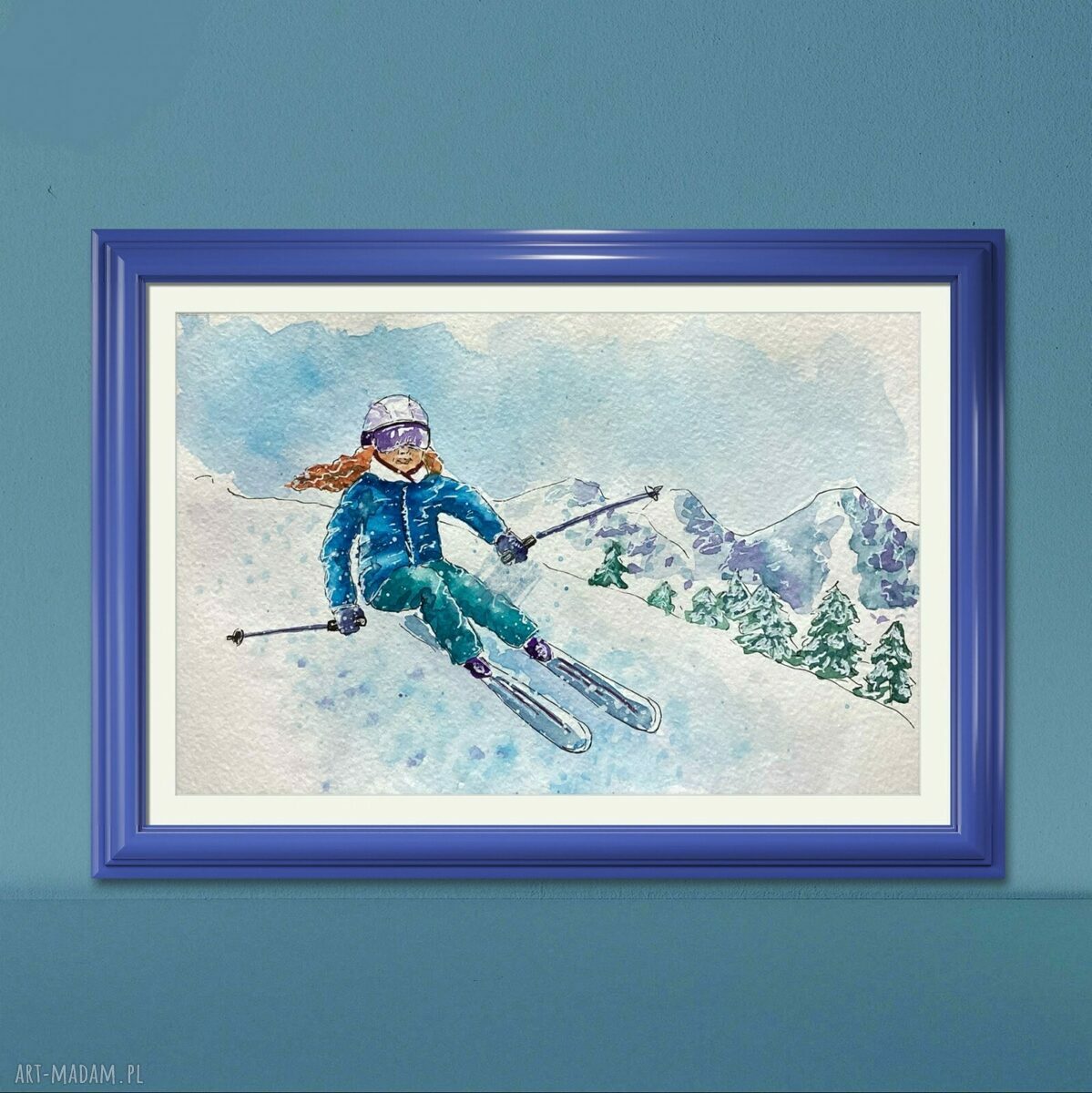 Akwarela „Narciarzka” - zimowy szkic 13x20, bez ramki