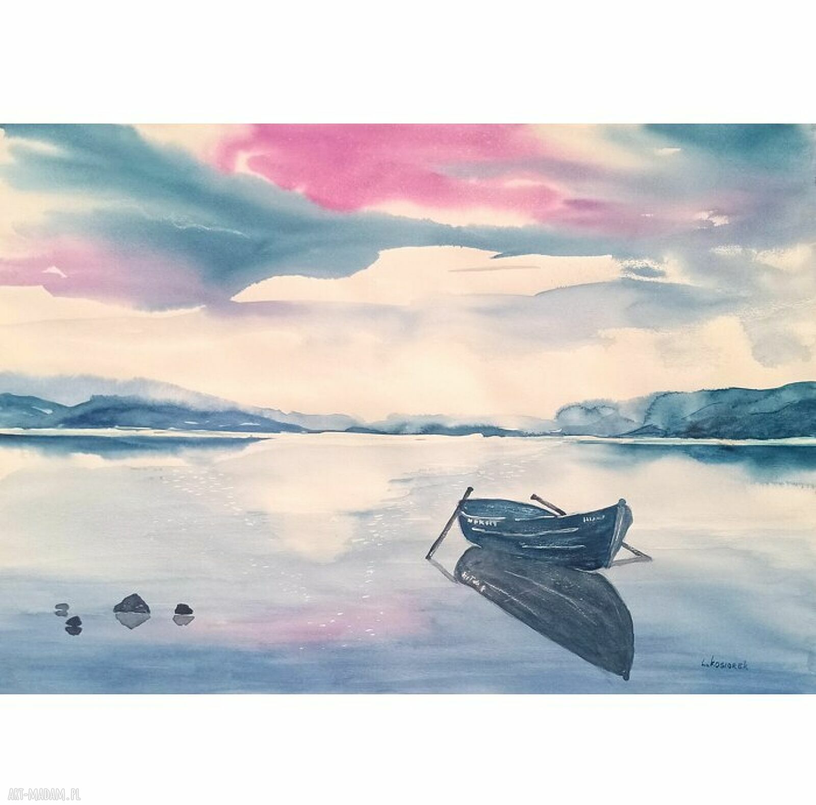 Błękitna cisza o zmierzchu - nastrojowa akwarela nad jeziorem 50x35 cm