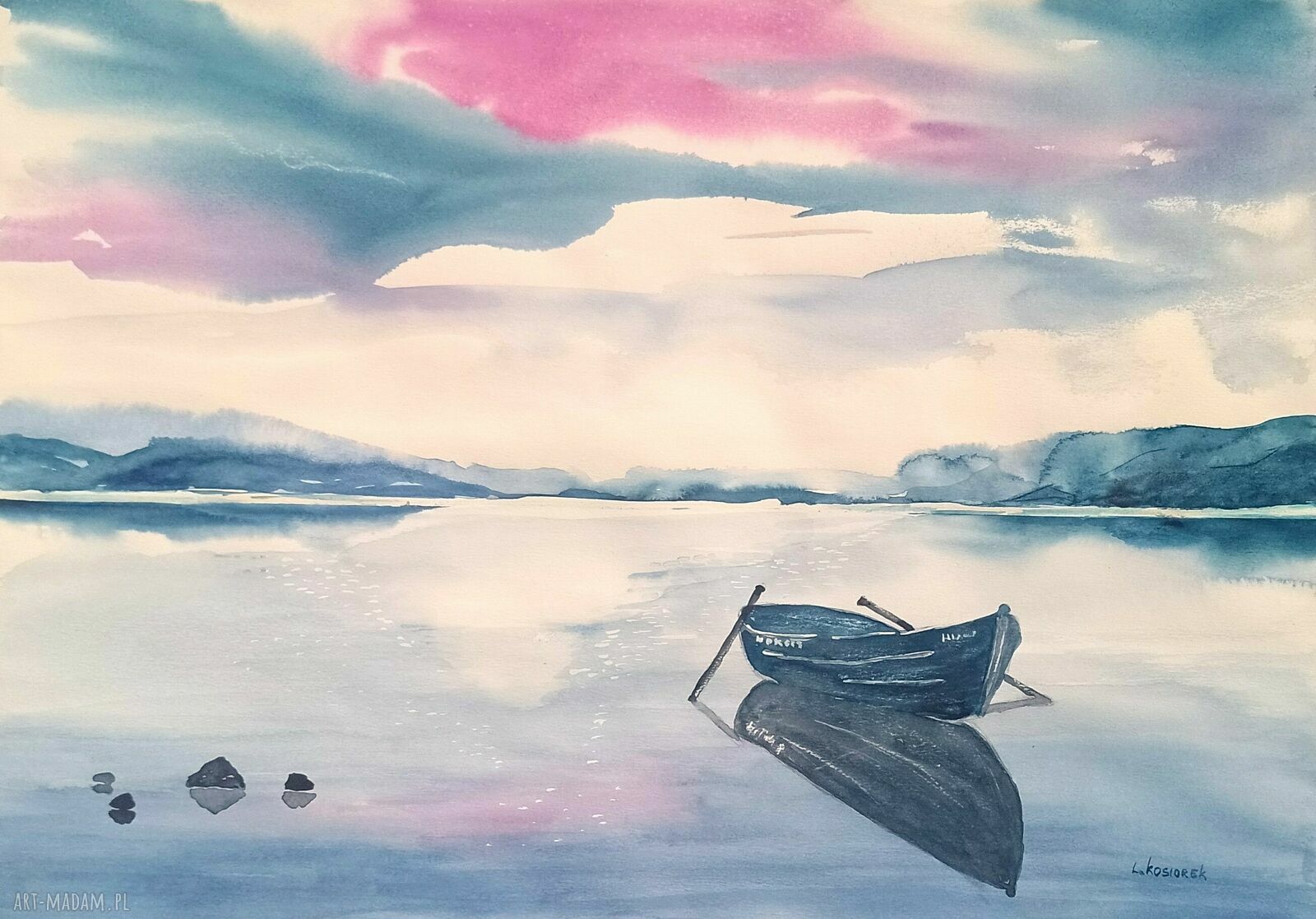Błękitna cisza o zmierzchu - nastrojowa akwarela nad jeziorem 50x35 cm