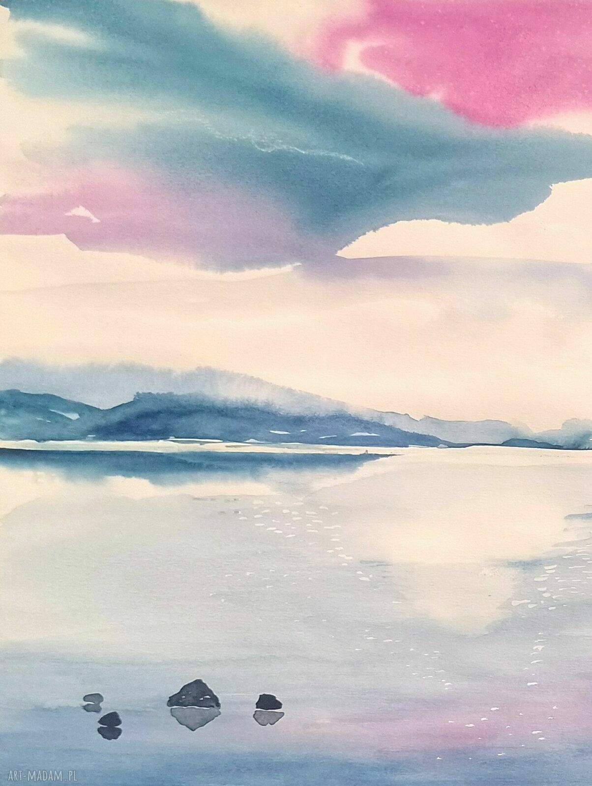 Błękitna cisza o zmierzchu - nastrojowa akwarela nad jeziorem 50x35 cm