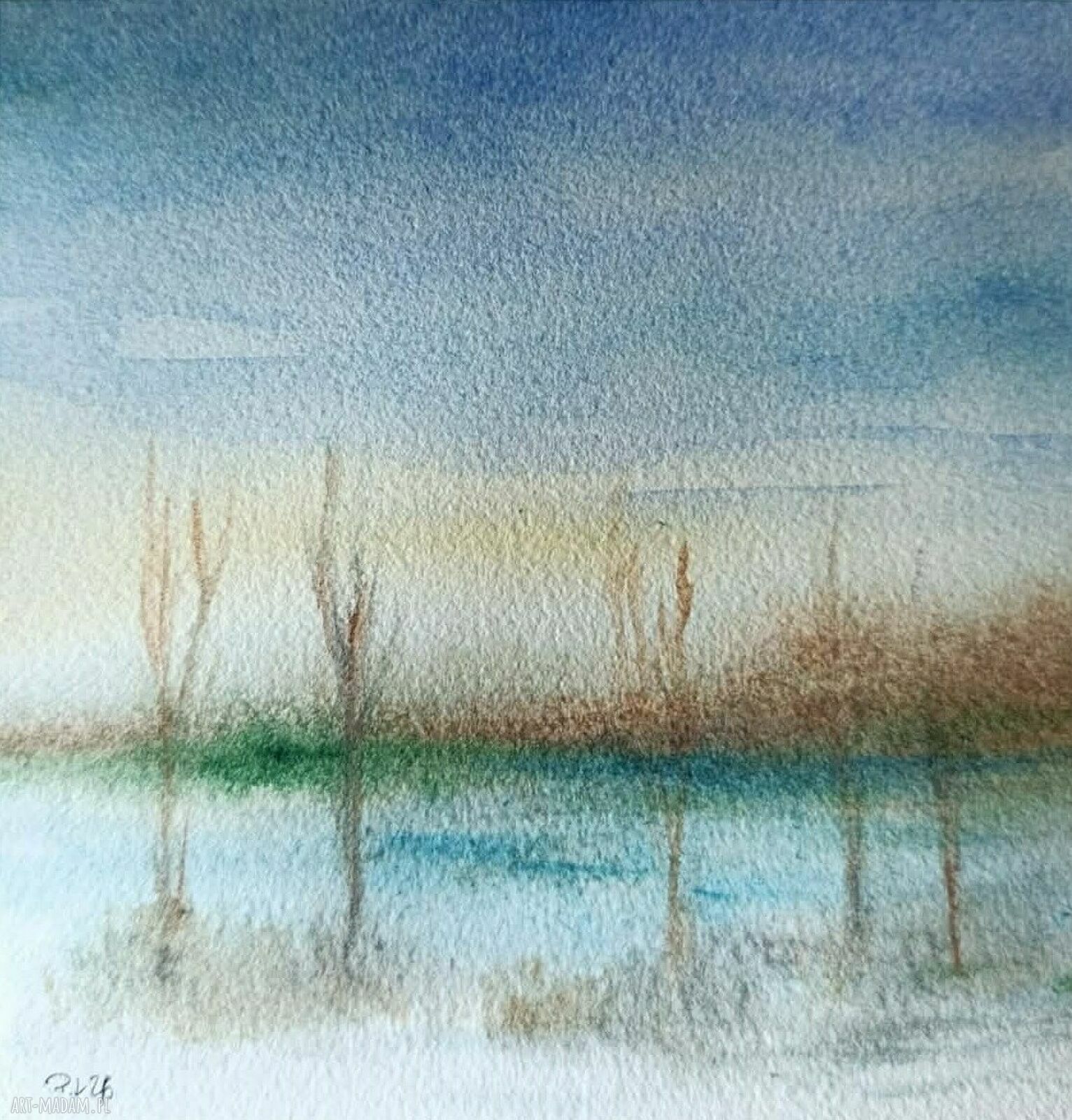Pejzaż - akwarela w kwadracie 15x15 cm (praca sygnowana, bez ramy)