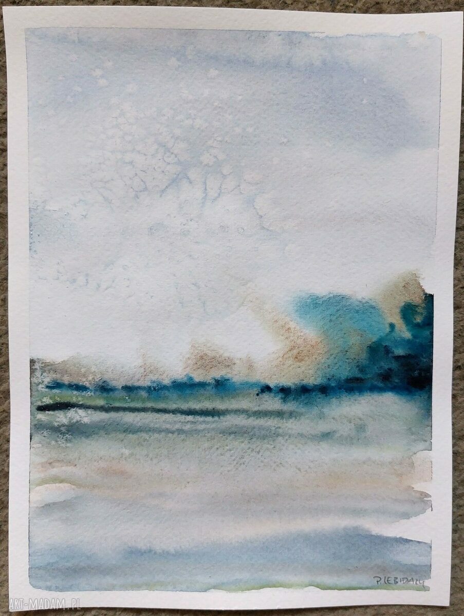 Oryginalna akwarela - pejzaż 24x18 cm (turkus, niebieski i ciepłe brązy)