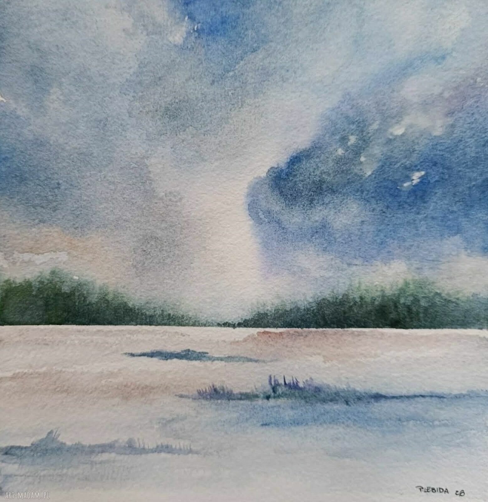 Pejzaż - akwarela 20x20 cm (kwadrat), sygnowana, Rembrandt, bez ramy