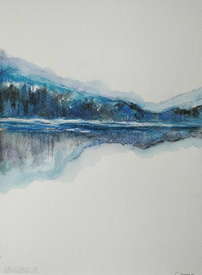 Pejzaż - akwarela 18x24 cm w turkusach i szarościach - Paulina Lebida