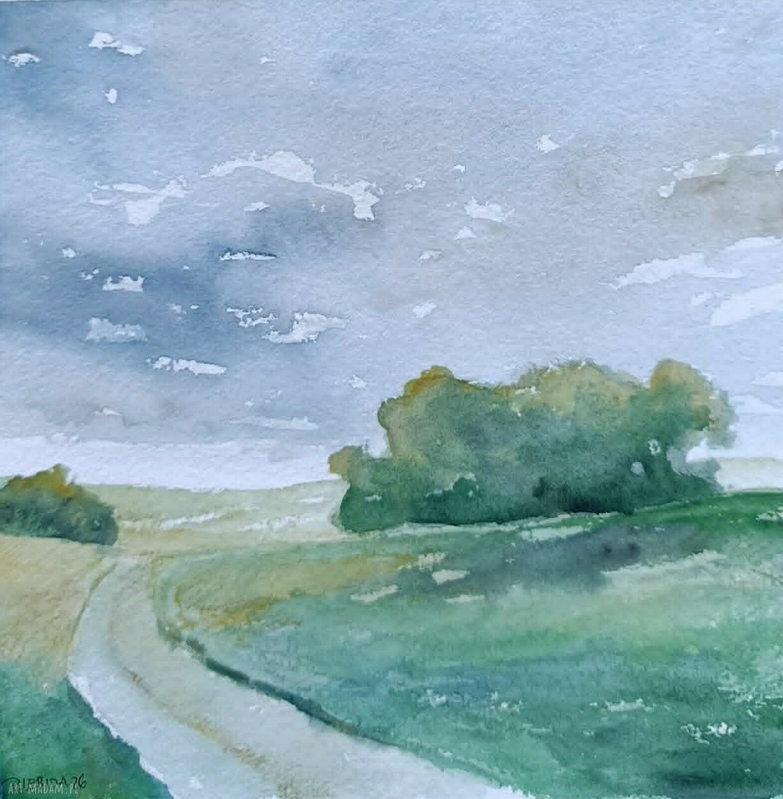Pejzaż - ręcznie malowana akwarela 20 x 20 cm, sygnowana praca bez ramy