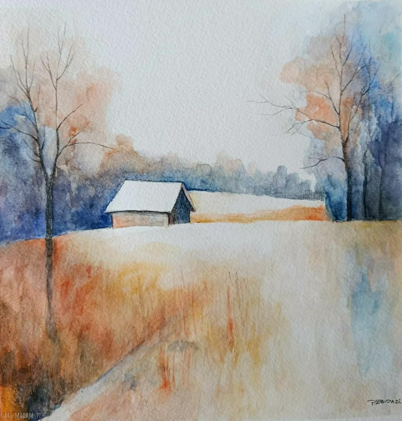 Pejzaż drzew - akwarela 25x25 cm