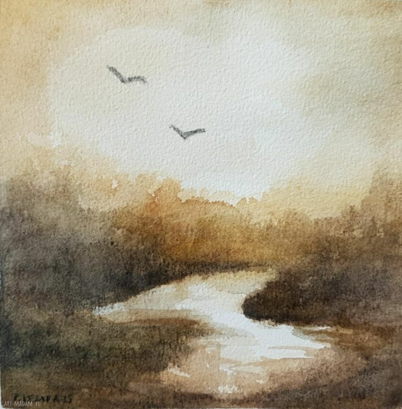 Pejzaż w akwareli 15x15 cm - kwadrat (brąz i beż)