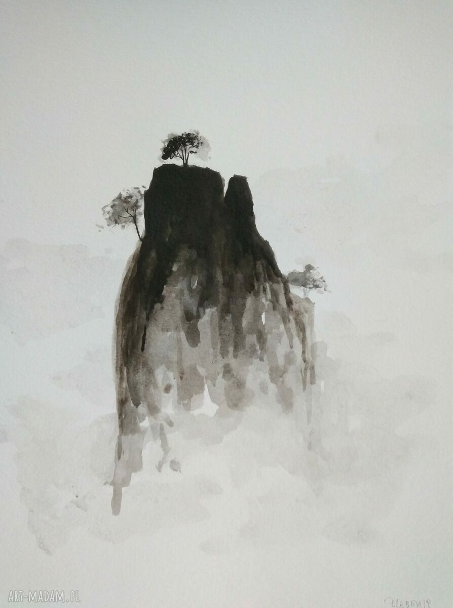 Ręcznie malowana akwarela - pejzaż z drzewami i górą (21 x 28,2 cm)