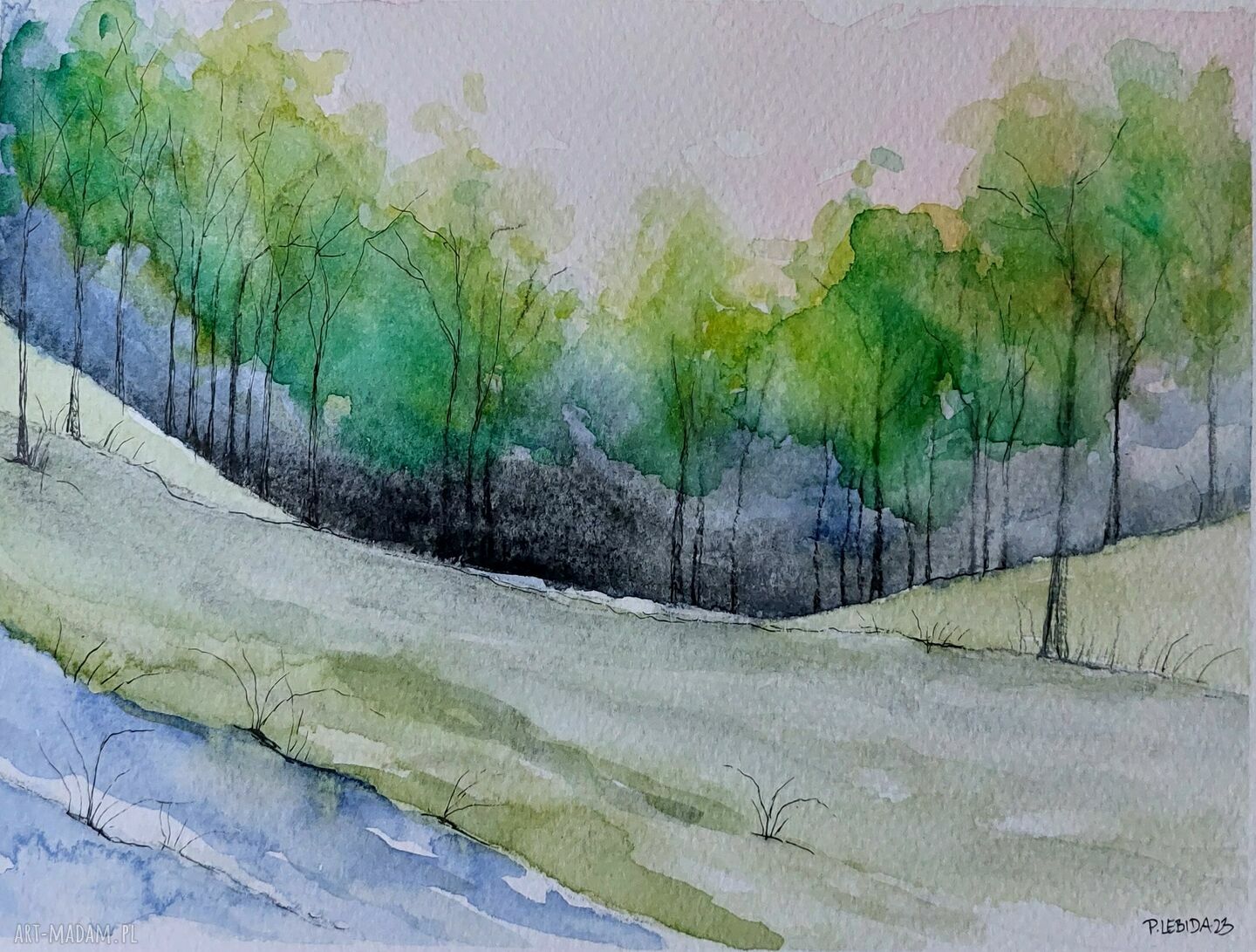 Pejzaż akwarela 24/18 cm - oryginalny obraz Pauliny Lebidy